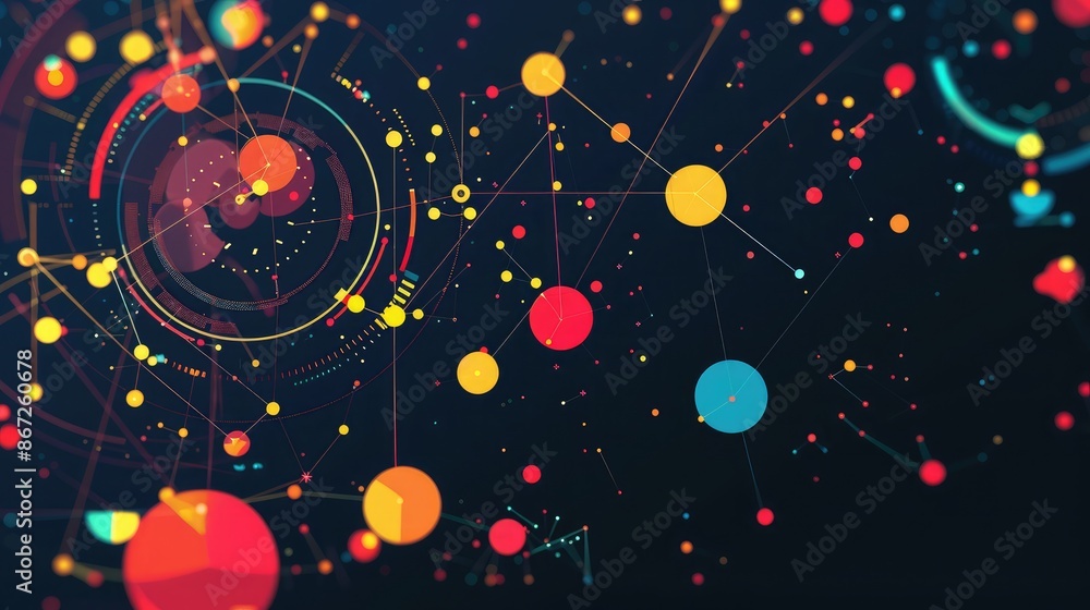 Poster abstract business infographic background with colorful shapes and data points.
