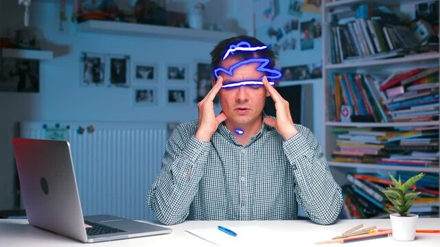 Stress and Anxiety High levels of stress and anxiety at work cause headaches. Psychological stress often manifests itself in physical form. He touches his temples with his hands, emitting pain.