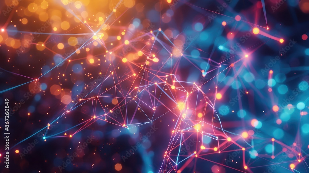 Poster abstract business network with glowing nodes and dynamic lines.