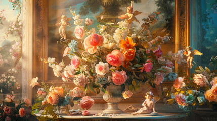 A Renaissanceinspired still life painting bursts into a whimsical Rococo scene overflowing with playful cherubs pastel colors and ornate details High Quality High Clarity S