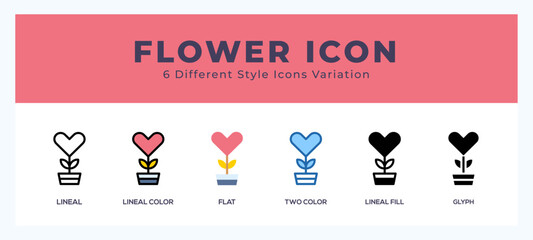 Flower icon set with different styles. Vector illustration.