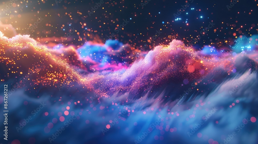 Poster abstract data cloud with colorful particles and light streaks.