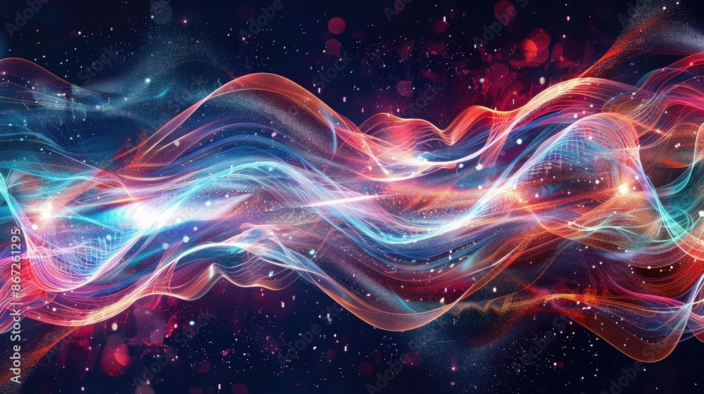 Poster abstract depiction of wave-particle duality with dynamic light trails.
