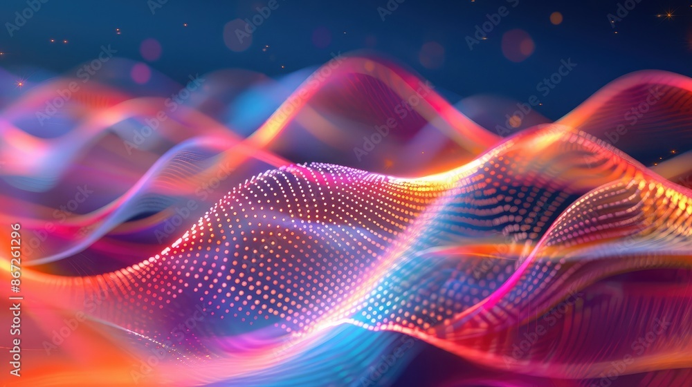 Poster abstract depiction of wave-particle duality with dynamic light trails.