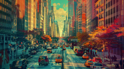 A vintage photograph of a bustling city street framed by imposing architecture morphs into a stylized pop art scene with exaggerated perspective and vibrant colors High Quality