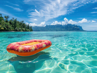 Beautiful brightly colored inflatable mattress floating in clear blue water on the beach of a resort in a tropical country, beautiful landscape without people