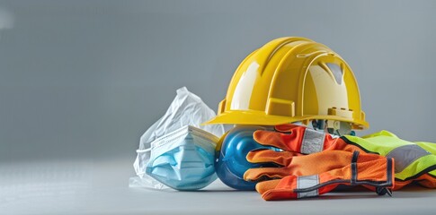 Construction Safety Gear on a Grey Background