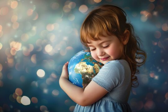 Little girl is hugging earth globe with her eyes closed and smiling