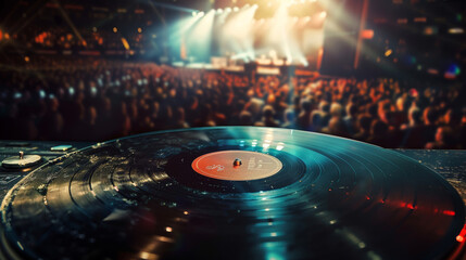 A vintage vinyl record with a worn surface and a single prominent scratch transforms into a photorealistic concert scene emphasizing the energy of the crowd and the vibrant stage
