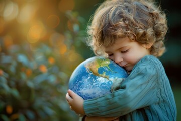 Naklejka premium Small child with curly hair is gently hugging a globe of the earth outdoors in a sunny garden symbolizing environmental protection