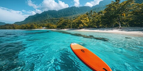 Beautiful brightly colored sup board floating in clear blue water on the beach of a resort in a tropical country, beautiful landscape without people