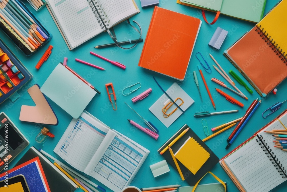 Poster a desk with various open textbooks, notebooks, pens, and pencils, all arranged neatly for tutoring s