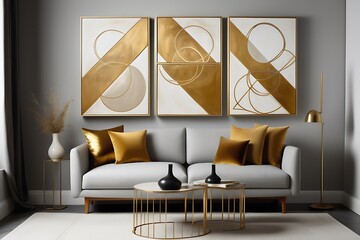 Modern Geometric Art Series in Gold Frames Adorning Chic Living Room
