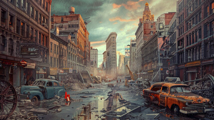 Concept Art A vintage postcard depicting a bustling city street merges with a photorealistic postapocalyptic wasteland highlighting the fleeting nature of civilization High