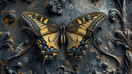Delicate stylized butterfly wings transform into a photorealistic closeup of a weathered tombstone with intricate carvings symbolizing the cycle of life and the beauty of the ep