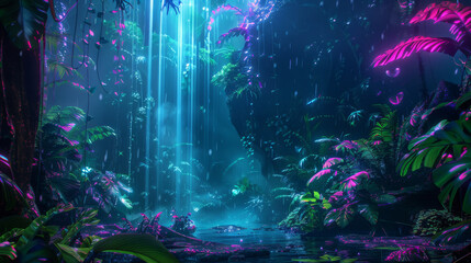 Cyberpunk Rainforest Lush D rainforests with cybernetic wildlife D holographic leaves and neon rain dripping from digital canopies High Quality High Clarity Space for Text