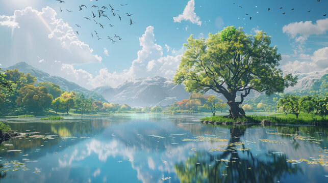 Digital Nature Fusion Show a serene natural landscape where digital D pixel art overlays the realistic D background Integrate digital elements like pixel birds trees and clou - Powered by Adobe