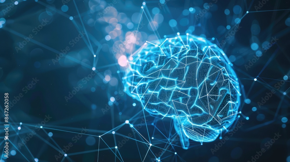 Poster abstract digital brain with connecting lines and nodes representing neural connections.
