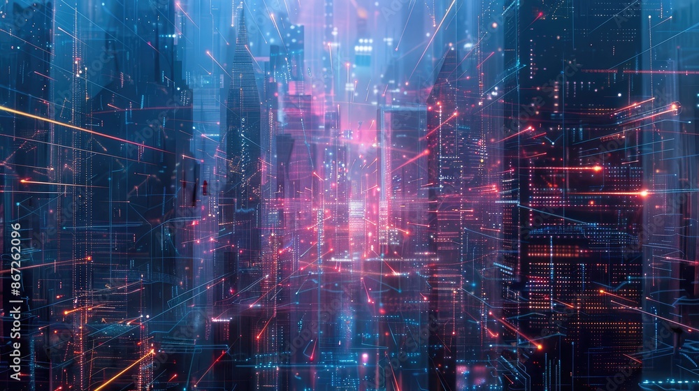 Poster abstract digital cityscape with signals and communication lines.