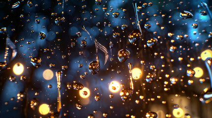 Raindrop Symphony Macro D shots of raindrops on a window with D animated musical notes emanating from each drop as they slide down applying leading lines formed by the trails o