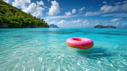 Beautiful colorful inflatable donut floating in clear blue water on the beach of a resort in a tropical country, beautiful landscape without people with jungle and mountains in the background