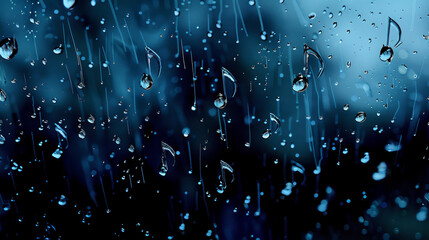 Raindrop Symphony Macro D shots of raindrops on a window with D animated musical notes emanating from each drop as they slide down applying leading lines formed by the trails o