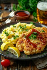 Classic Wiener Schnitzel : with a lemon wedge, parsley garnish, and a glass of golden beer on the side.