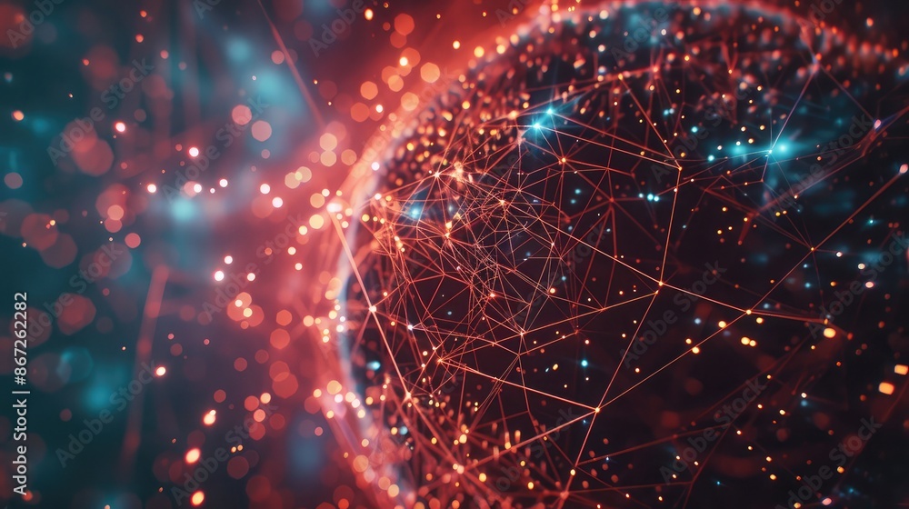 Poster abstract digital sphere with interconnected lines and glowing nodes.