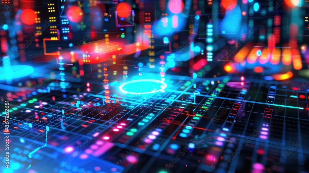Poster abstract financial dashboard with dynamic charts and glowing numbers.