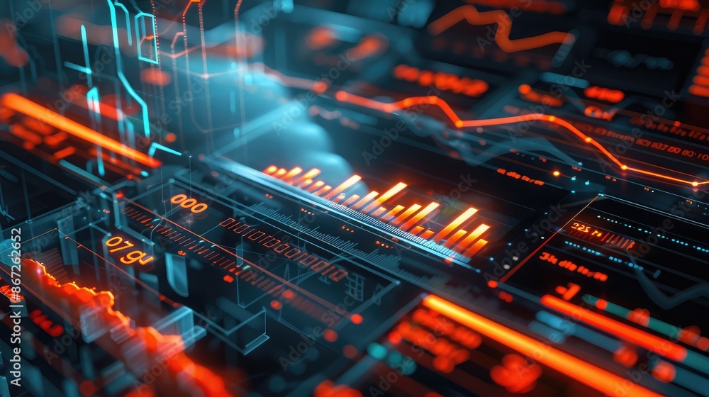 Poster abstract financial dashboard with dynamic charts and glowing numbers.