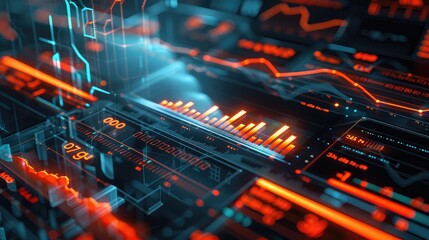 Obraz premium Abstract financial dashboard with dynamic charts and glowing numbers.