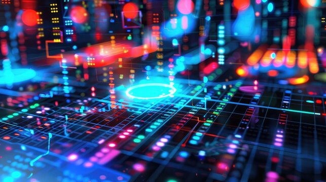 Abstract financial dashboard with dynamic charts and glowing numbers.