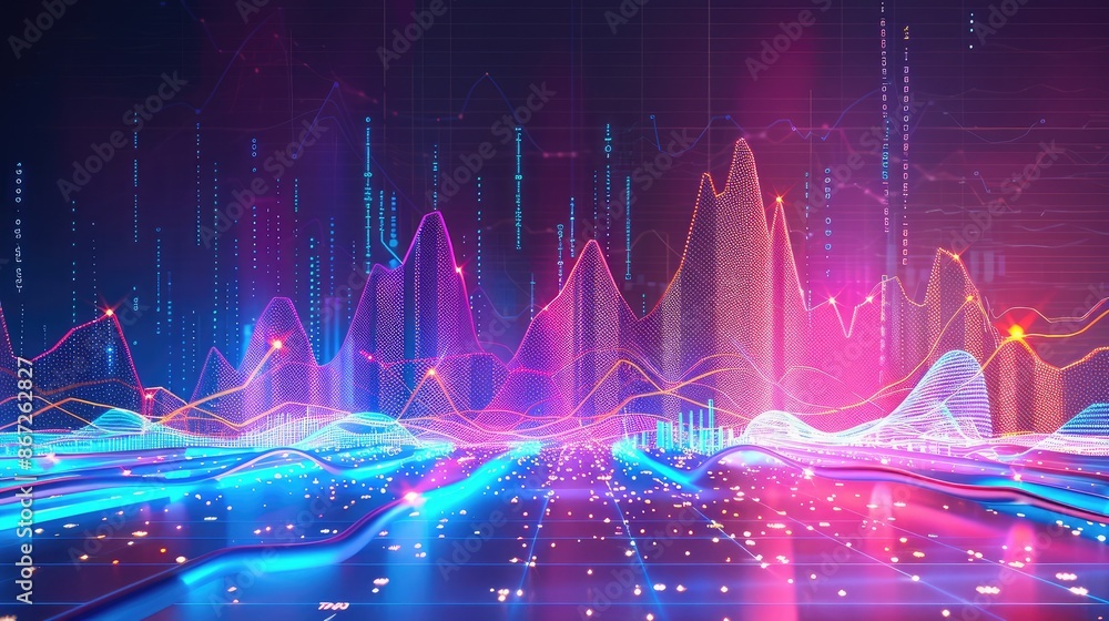 Poster abstract financial data visualization with glowing charts and graphs.