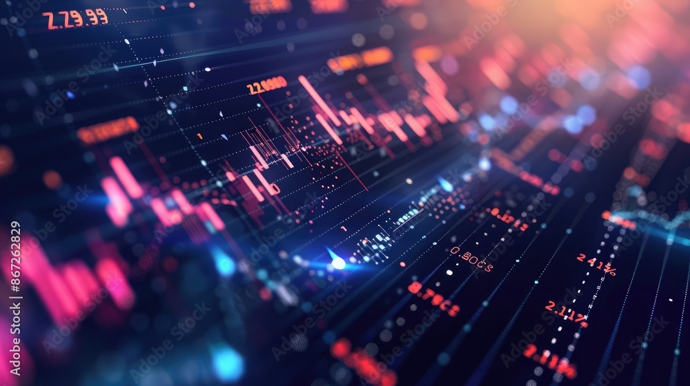 Poster abstract financial data visualization with glowing charts and graphs.