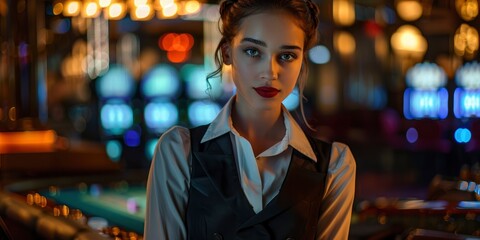 Obraz premium Girl croupier at workplace in casino, serious calm look, beautiful face, exquisite clothes, blurred background, space for text