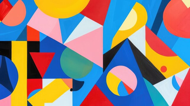 Abstract geometric shapes in bold, primary colors overlapping each other.