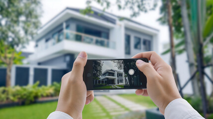 Hands up and on smartphone screen. Home security system concept. Watch CCTV cameras on your smartphone near your home.