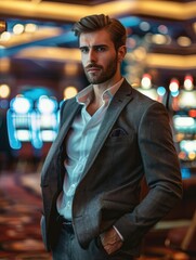 Fototapeta premium Young fit and attractive man model wearing stylish clothes with strict look in casino interior, bright image, blurred background