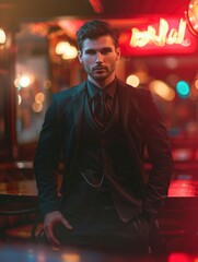 Obraz premium Young fit and attractive man wearing stylish clothes with strict look in cabaret interior, bright image, blurred background