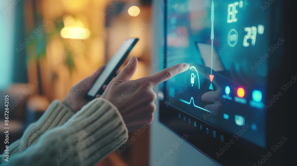 Poster close-up of a tablet hand with a smart home app to control various technology devices. artificial in