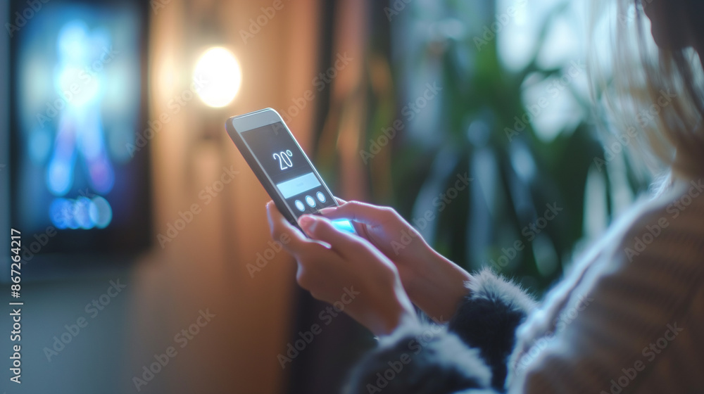 Aufkleber close-up of a tablet hand with a smart home app to control various technology devices. artificial in