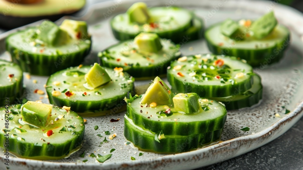 Poster Sliced cucumber rounds topped with avocado oil and diced avocado for a simple and refreshing snack option.