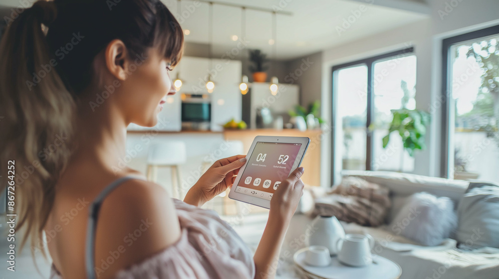 Poster close-up of woman holding tablet with smart home app to control various technology devices artificia