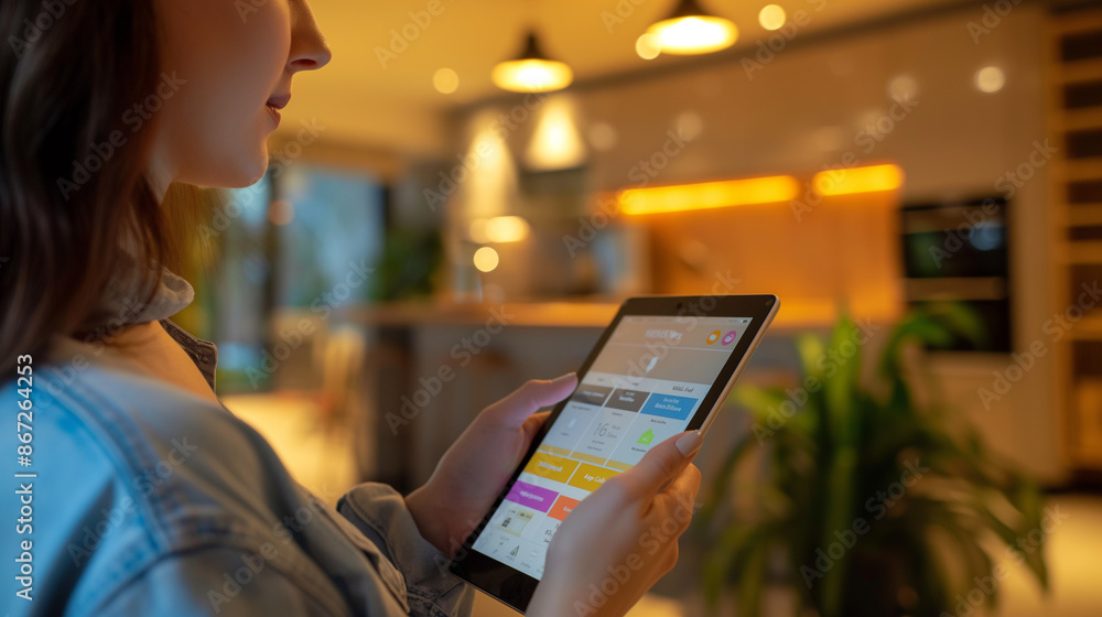 Poster close-up of woman holding tablet with smart home app to control various technology devices artificia