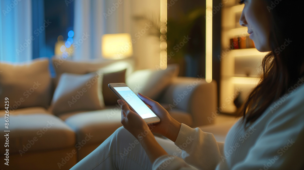Poster close-up of woman holding tablet with smart home app to control various technology devices artificia