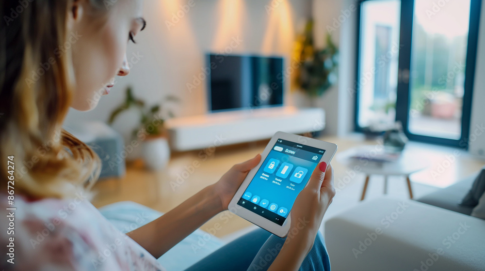 Poster close-up of woman holding tablet with smart home app to control various technology devices artificia