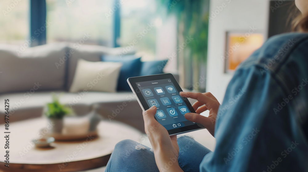 Poster close-up of woman holding tablet with smart home app to control various technology devices artificia