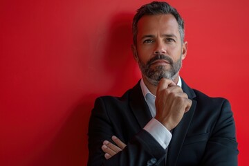 Naklejka premium A man in a suit is standing in front of a red wall, looking down and thinking