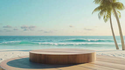 Obraz premium The wooden floor platform has a view of the blue sky, the summer landscape of the ocean, and the white sand beach. Free space for decorating and displaying products