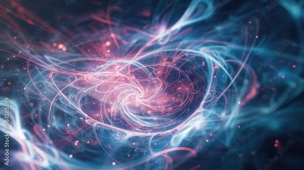 Poster abstract representation of a magnetic field with swirling lines and particles.